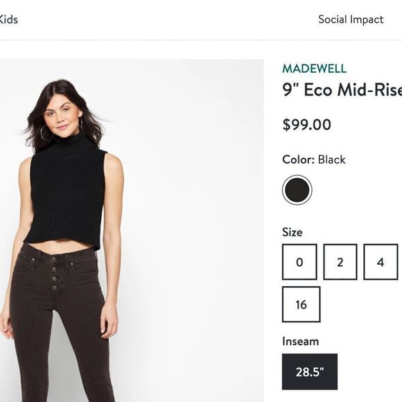 Womens MADEWELL 9" Eco Mid-Rise Button Front Skinny Jean 28 Tall Black Jean - Picture 7 of 7